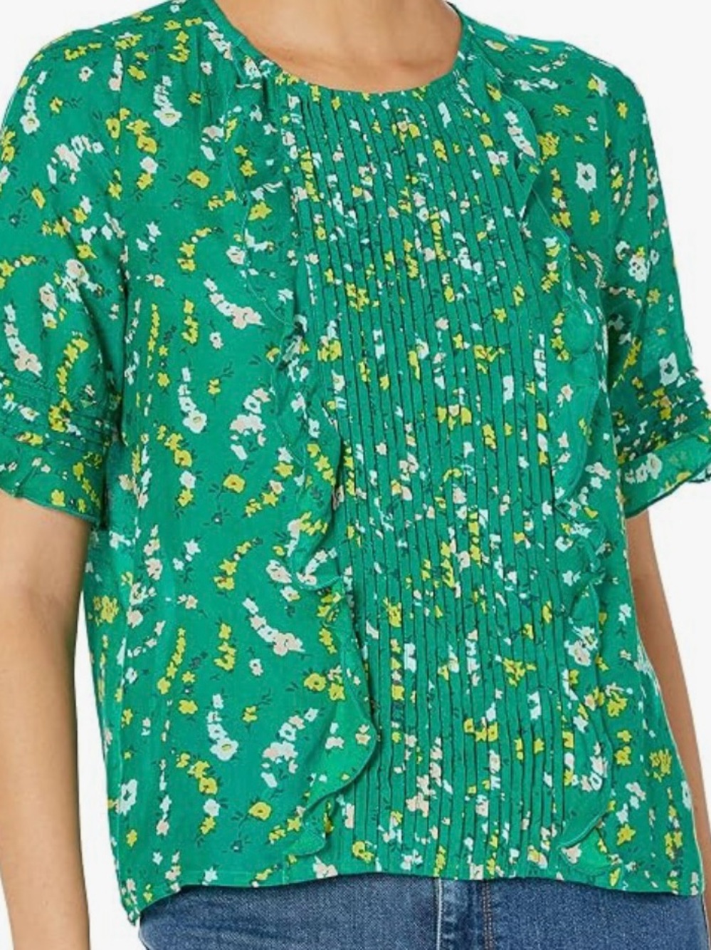 Lucky Brand Green Floral Pintuck Short Sleeve Blouse